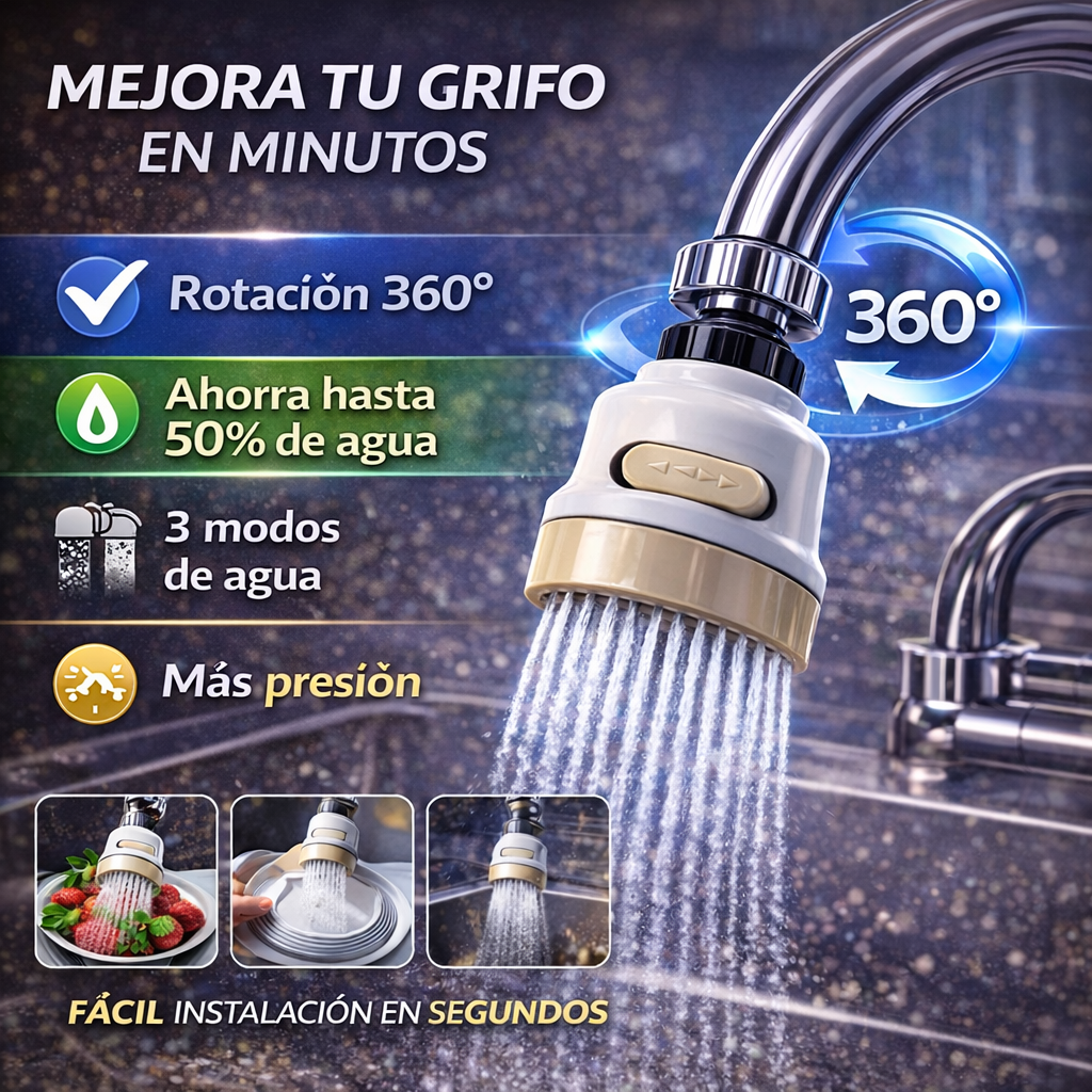 Adaptador Giratorio 360° Con 3 Modos 50% ahorro de agua - Adiós al Desperdicio